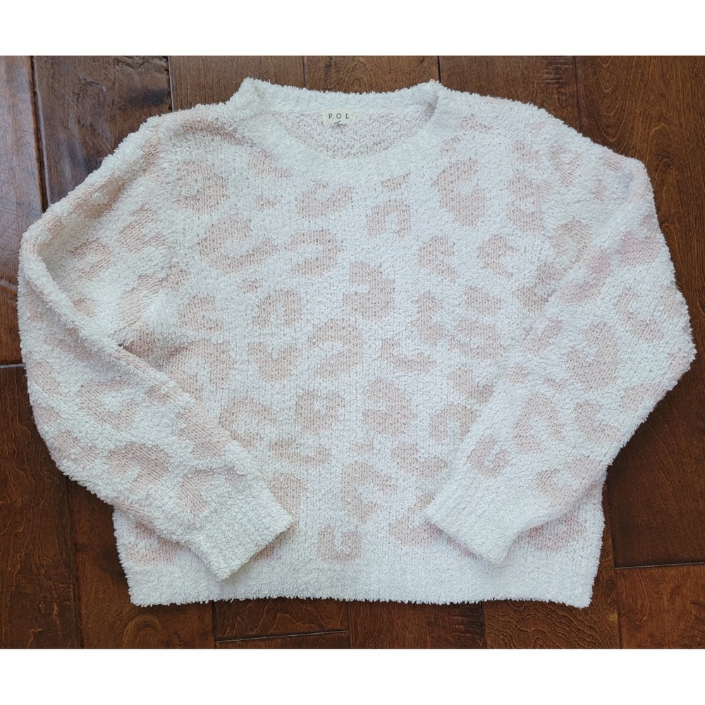 POL Clothing Womens Leopard Print Fuzzy Popcorn Knit Sweater Cream Pink Small